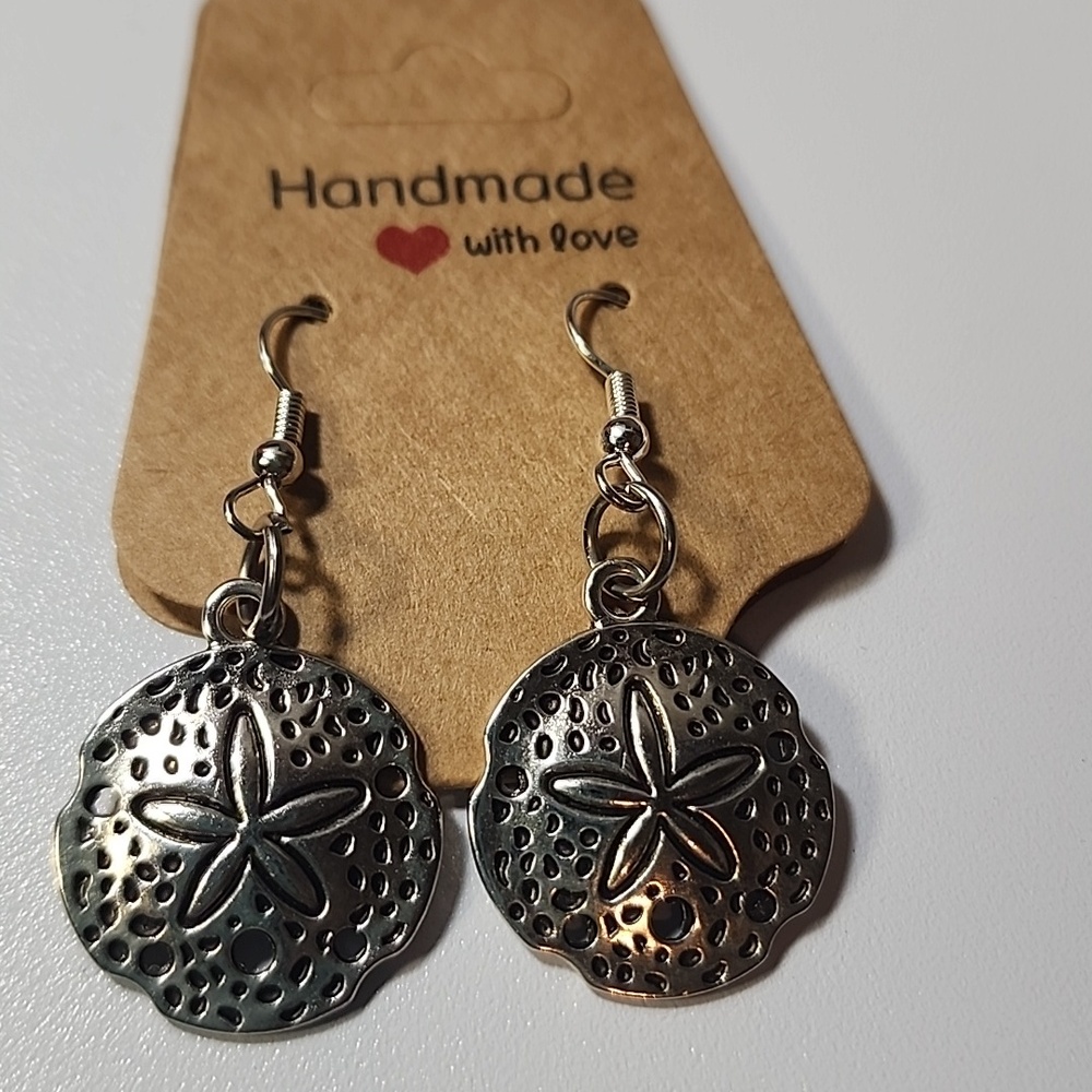 Sterling Tone Sand Dollar Drop Earrings - Silver
